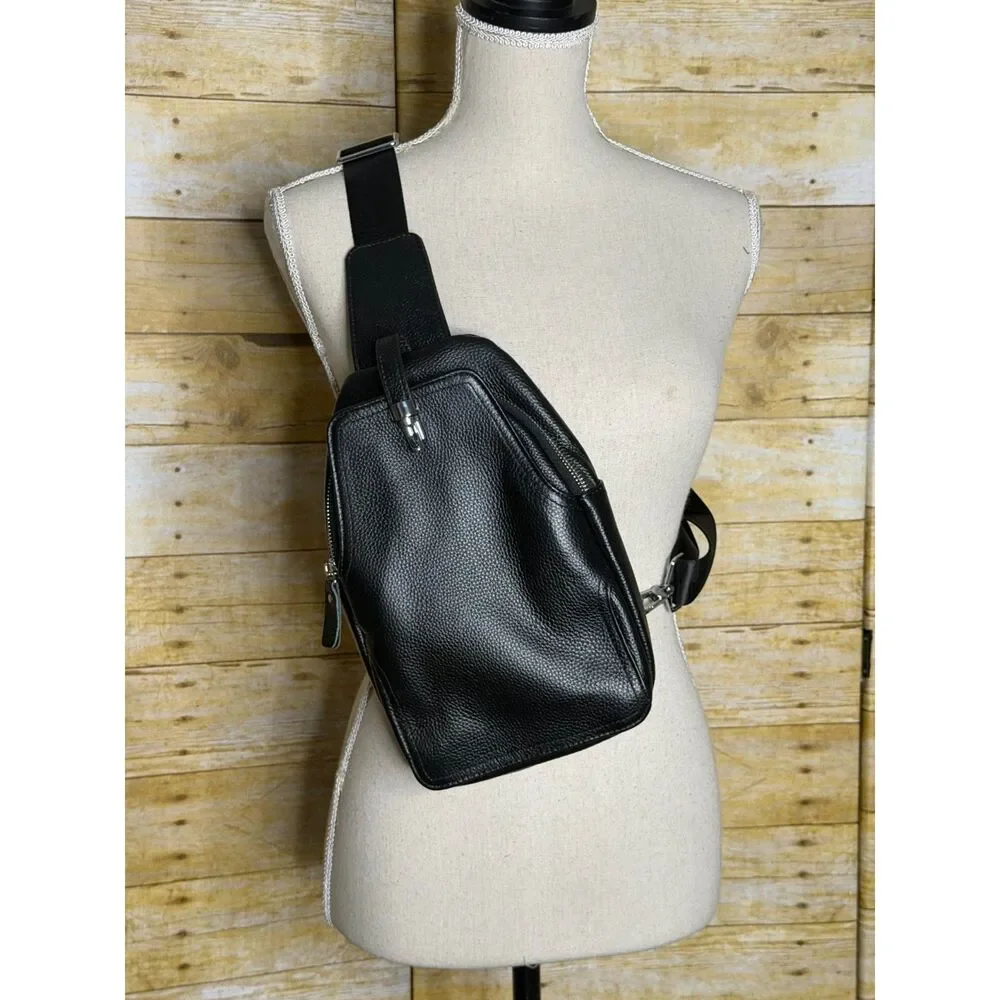 DK86 black leather travel everyday use sling bag
